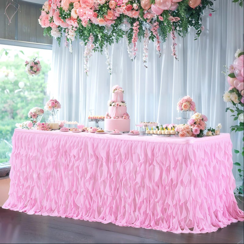 Partisky Pink Tulle Curly Willow Table Skirt for Rectangle Table 9ft, Ruffle Tutu Table Cloth for Girls Baby Shower,Birthday Party Candy Cake Tables - Image 3